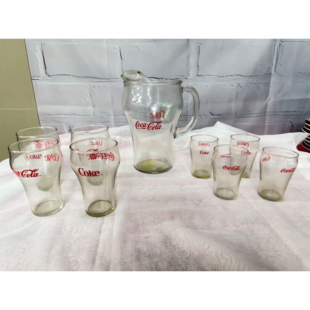 Vintage Coca-Cola Glass Pitcher and 8 Matching Drinking Glasses Set Red Logo